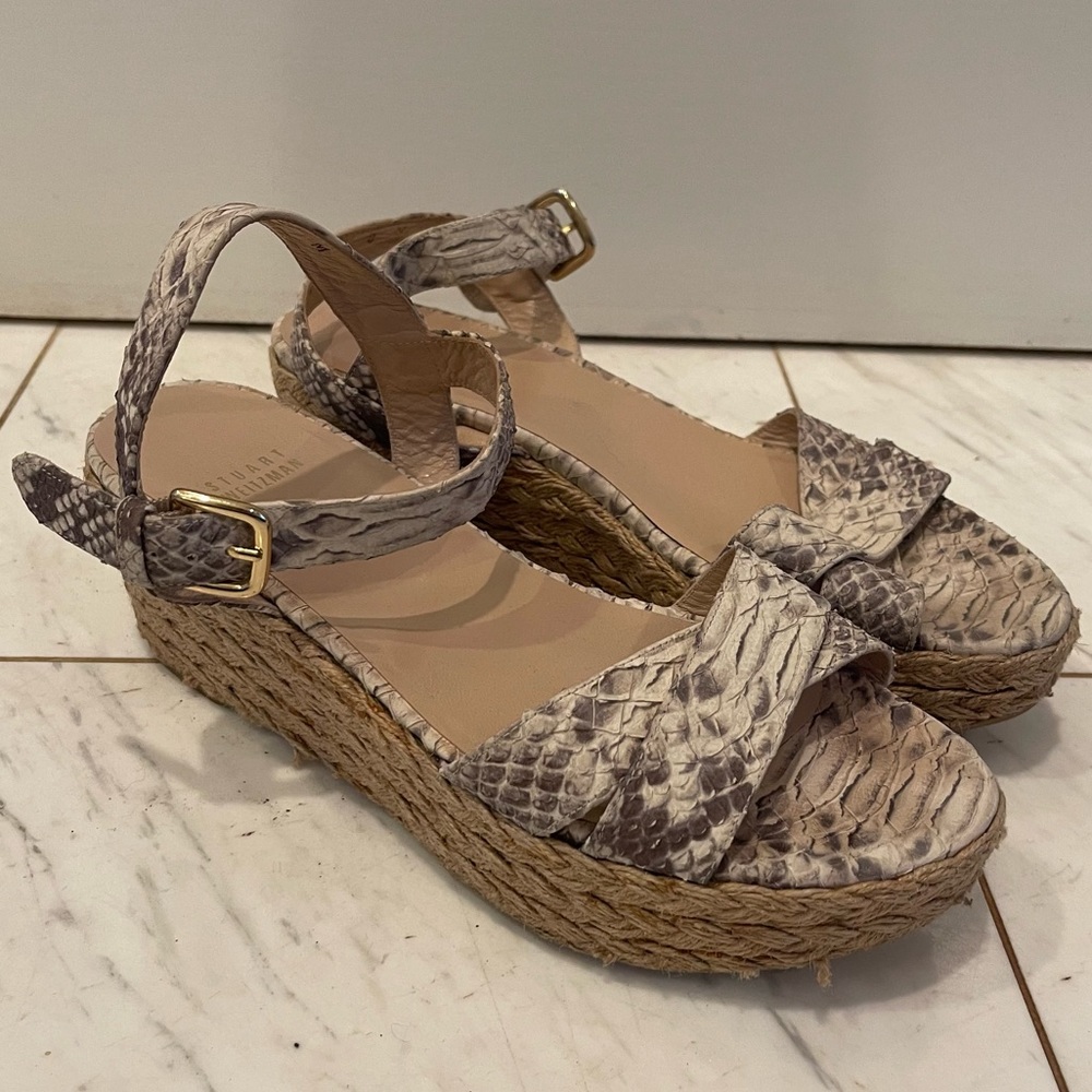 Stuart Weitzman Beige Taupe Snake-Print Espadrille Wedge Sandals